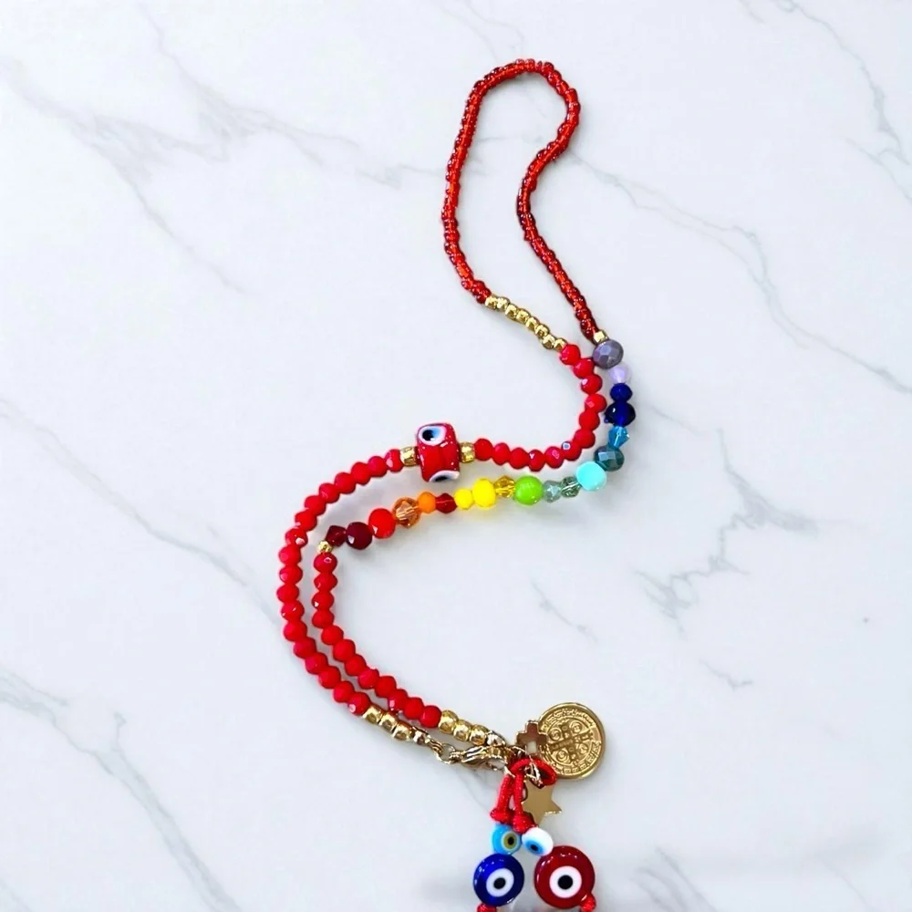 Vibrant Red Hand Beaded Rainbow and Evil Eye Protection Necklace 16”